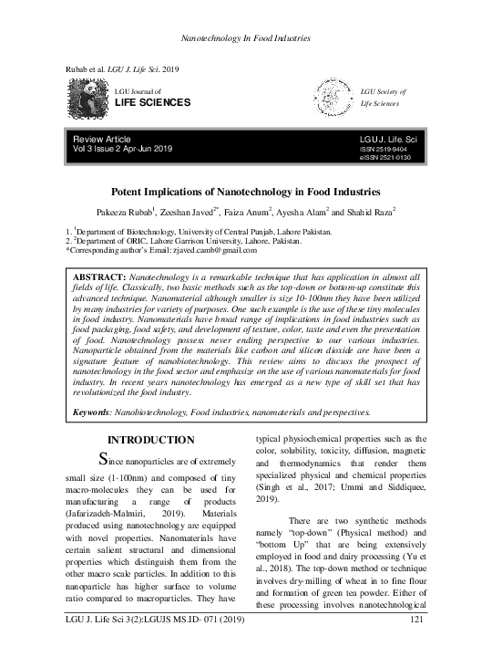 (PDF) Potent Implications of Nanotechnology in Food Industries