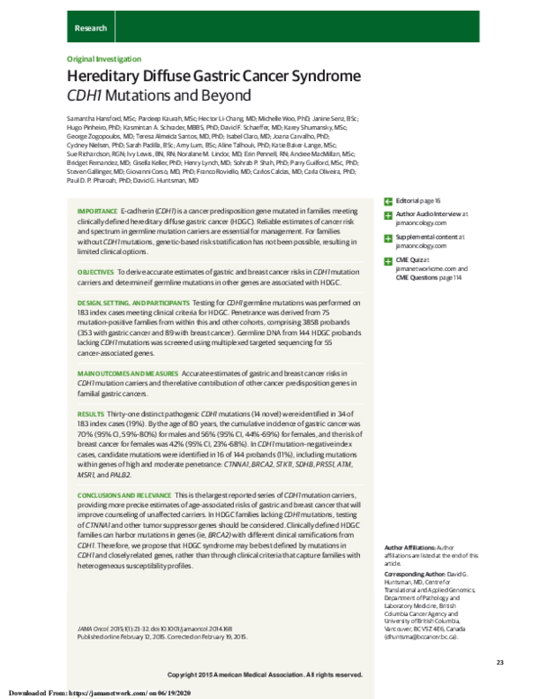 (PDF) Hereditary Diffuse Gastric Cancer Syndrome