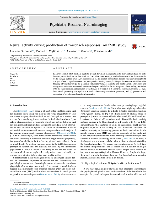 (PDF) Neural activity during production of rorschach responses: An fMRI ...