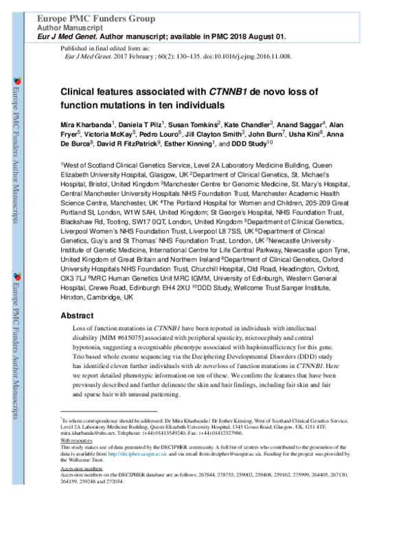 (PDF) Clinical features associated with CTNNB1 de novo loss of function ...