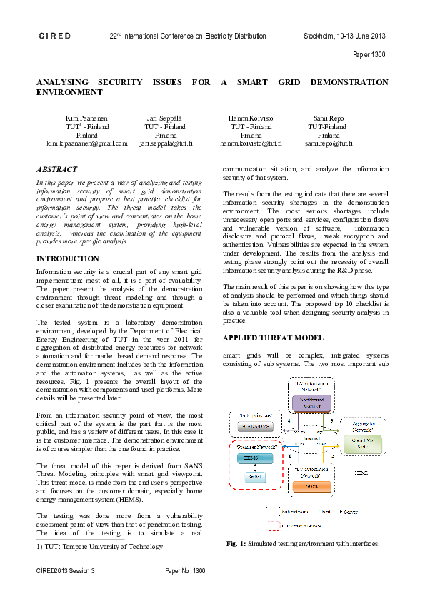 (PDF) Analysing security issues for a smart grid demonstration environment