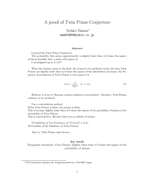 (PDF) A Proof of the Twin Prime Conjecture Theophilus Agama