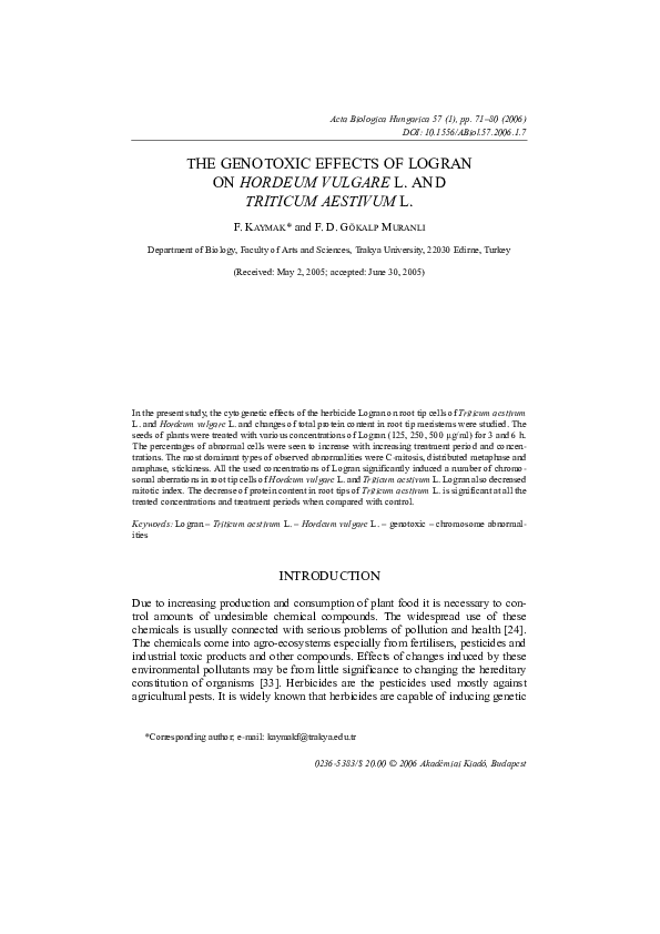 (PDF) The genotoxic effects of logran onHordeum vulgareL. andTriticum ...