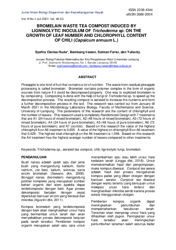BROMELAIN WASTE TEA COMPOST INDUCED BY LIGNINOLYTIC INOCULUM OF Trichoderma sp. ON THE GROWTH OF LEAF NUMBER AND CHLOROPHYLL CONTENT OF CHILI (Capsicum annuum L.)