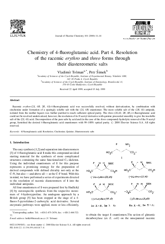 (PDF) Chemistry of 4-fluoroglutamic acid. Part 4. Resolution of the ...