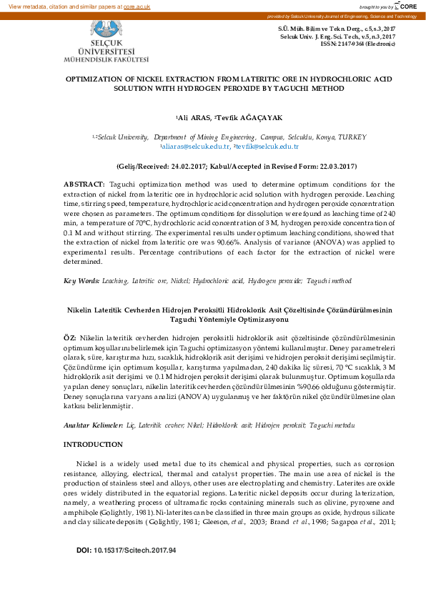 (PDF) Optimization of Nickel Extraction from Lateritic Ore in ...