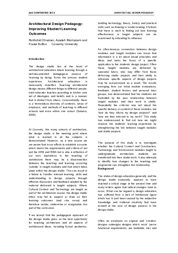 (PDF) Architectural Design Pedagogy: Improving Student Learning Outcomes