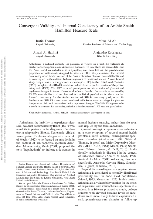 (PDF) Convergent validity and internal consistency of an Arabic Snaith