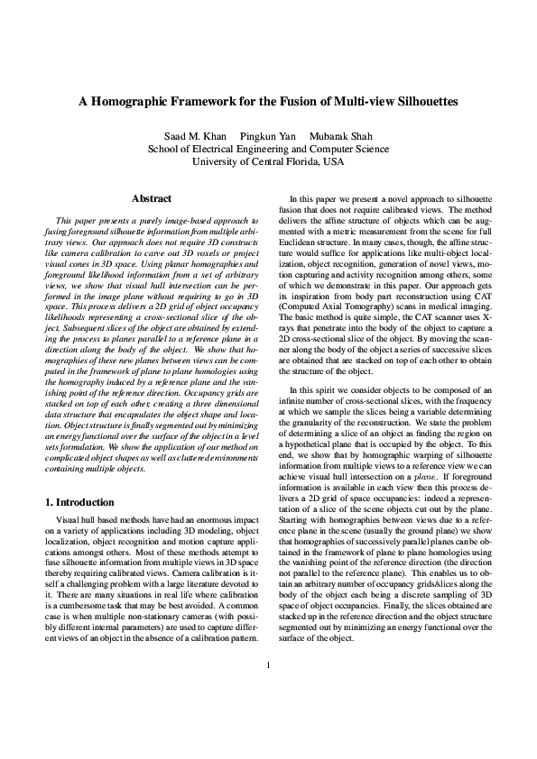 (PDF) A Homographic Framework for the Fusion of Multi-view Silhouettes
