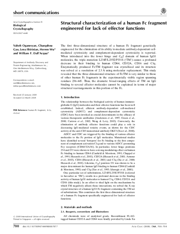 (PDF) Structural characterization of a human Fc fragment engineered for ...