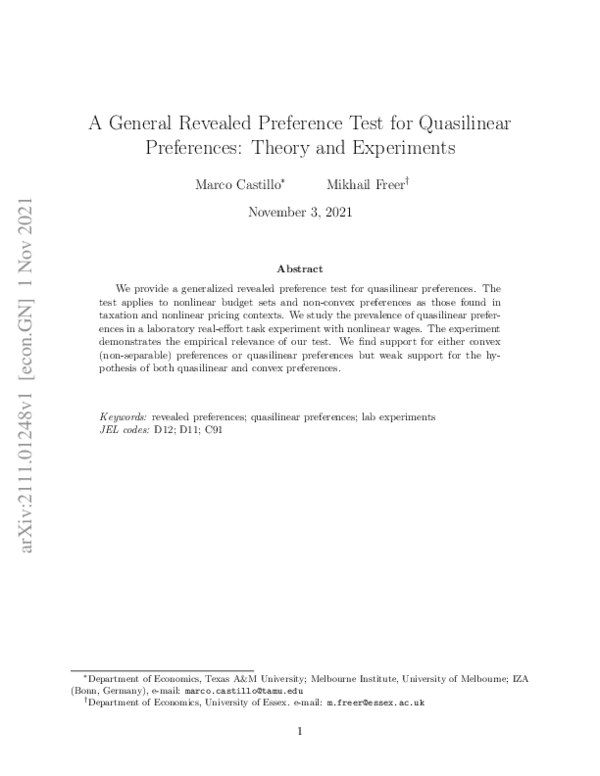 (PDF) A General Revealed Preference Test for Quasi-Linear Preferences ...