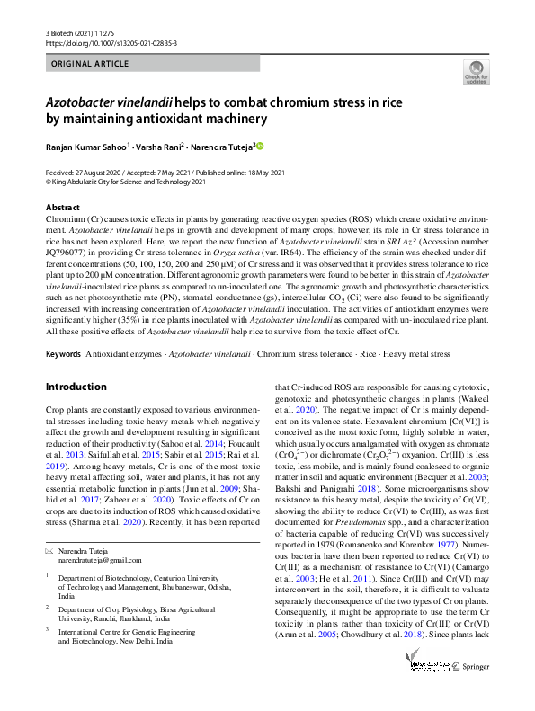 (PDF) Azotobacter vinelandii helps to combat chromium stress in rice by ...