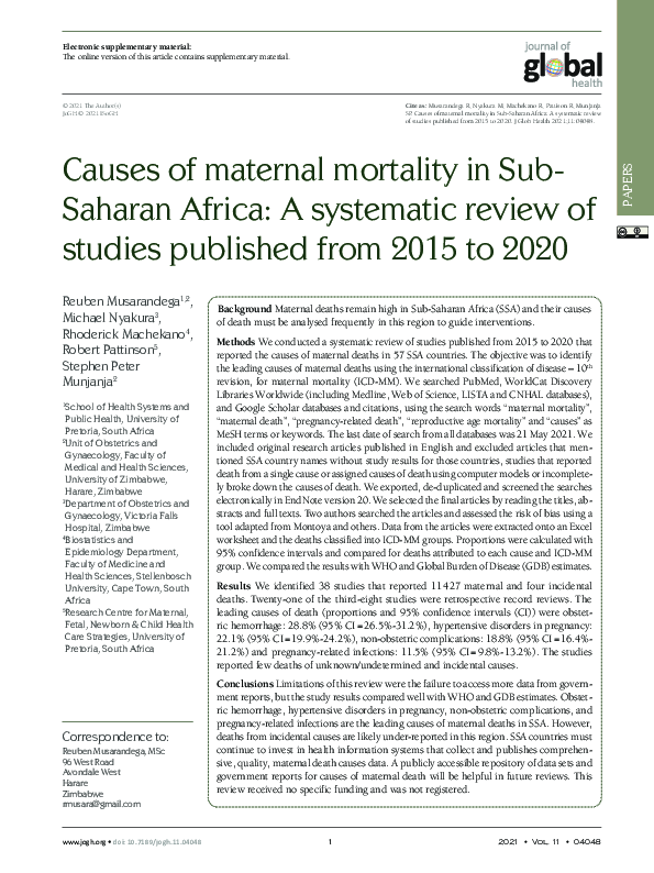 (PDF) Causes of maternal mortality in Sub-Saharan Africa: A systematic ...