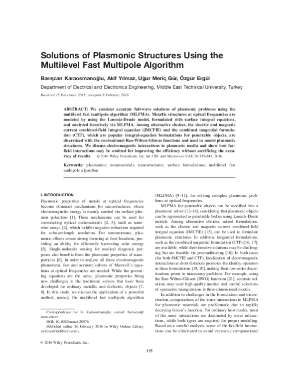 (PDF) Solutions of plasmonic structures using the multilevel fast ...