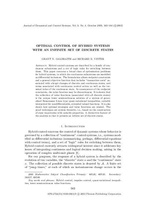 (PDF) Optimal control of hybrid systems with an infinite set of ...