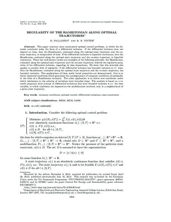 (PDF) Regularity of the Hamiltonian Along Optimal Trajectories