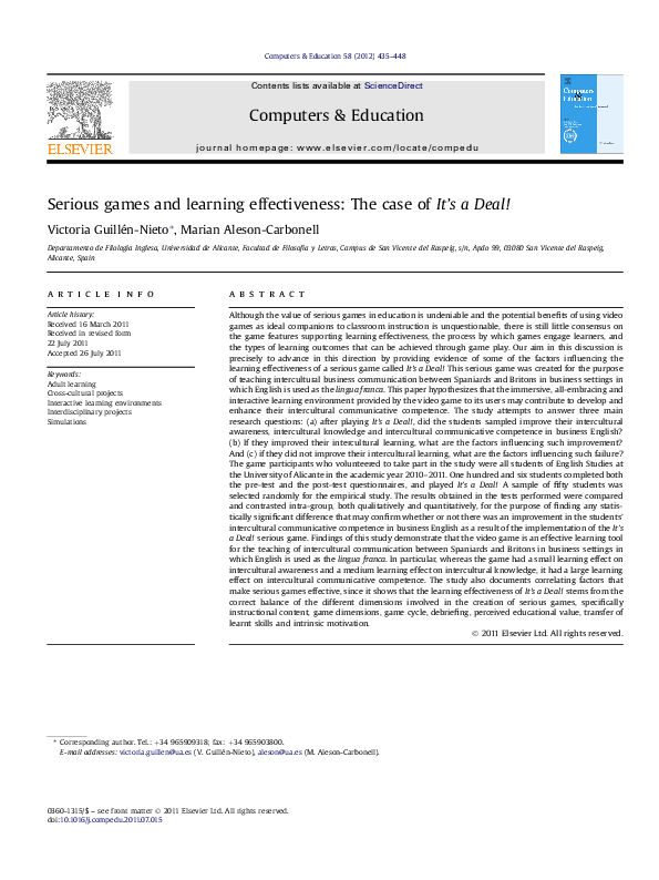 (PDF) Serious games and learning effectiveness: The case of It’s a Deal!