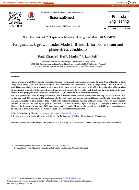 (PDF) Fatigue Crack Growth under Mode I, II and III for Plane-strain ...
