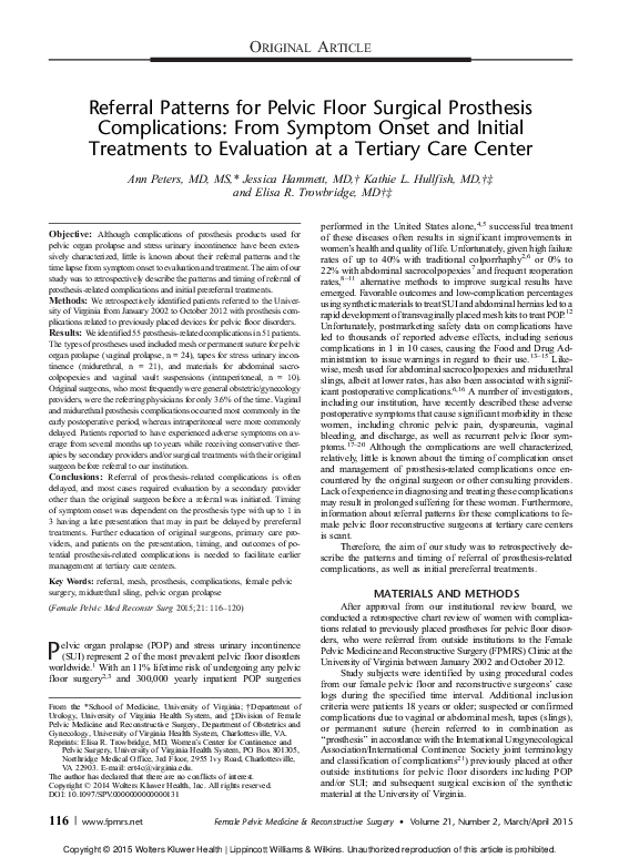 (PDF) Referral Patterns for Pelvic Floor Surgical Prosthesis Complications