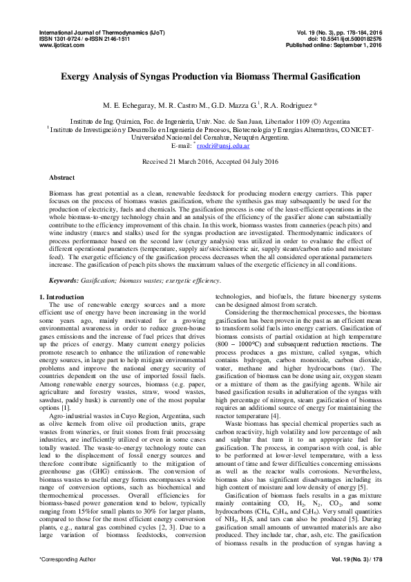 (PDF) Exergy Analysis of Syngas Production Via Biomass Thermal Gasification
