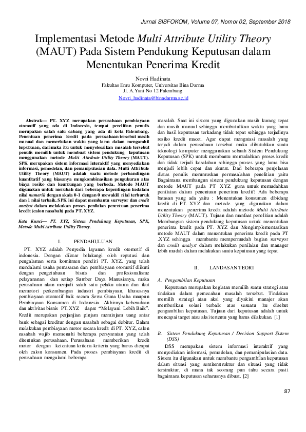(PDF) Implementasi Metode Multi Attribute Utility Theory (MAUT) Pada ...