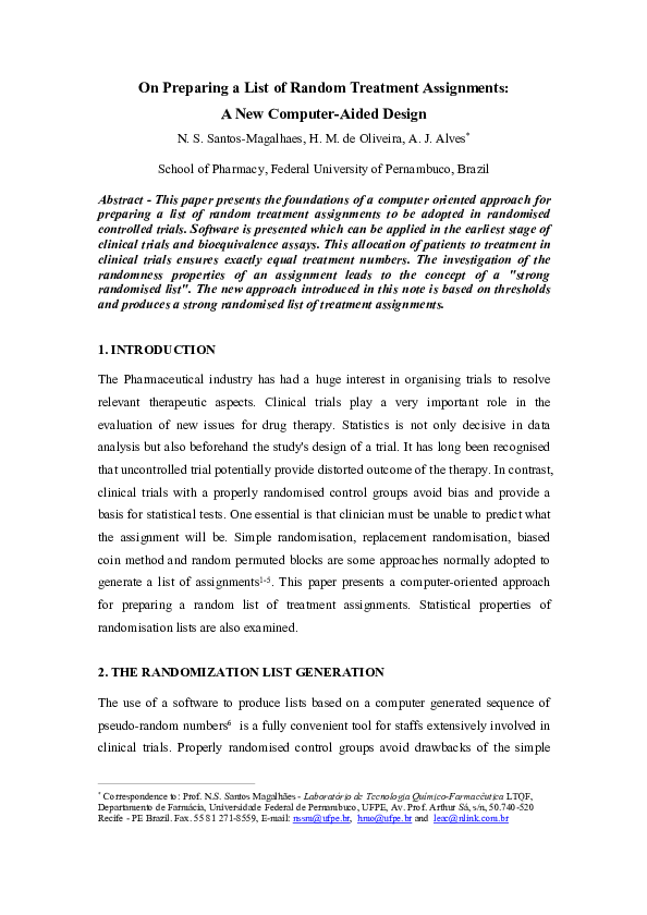 (PDF) On Preparing a List of Random treatment Assigns