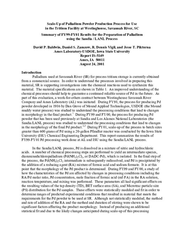 (PDF) Scale-Up of Palladium Powder Production Process for Use in the ...