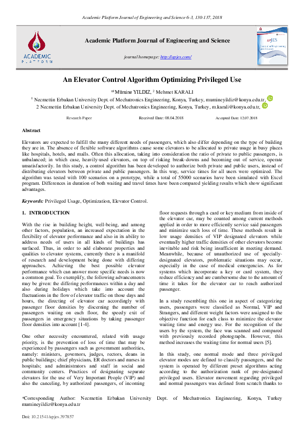 (PDF) An Elevator Control Algorithm Optimizing Privileged Use