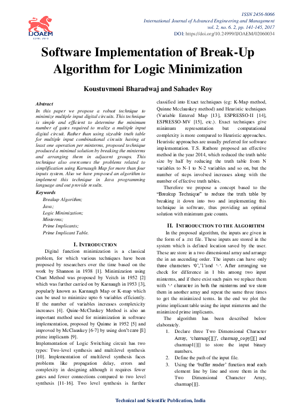 (PDF) Software Implementation of Break-Up Algorithm for Logic Minimization