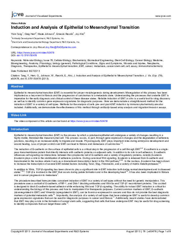 (PDF) Induction and Analysis of Epithelial to Mesenchymal Transition