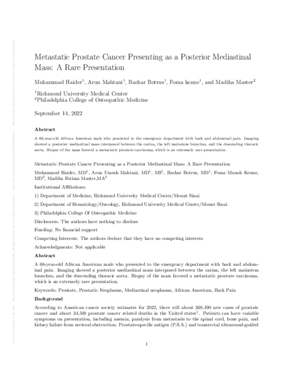 (PDF) Metastatic Prostate Cancer Presenting as a Posterior Mediastinal ...