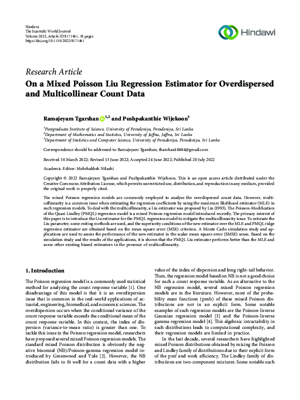 (PDF) On a Mixed Poisson Liu Regression Estimator for Overdispersed and ...