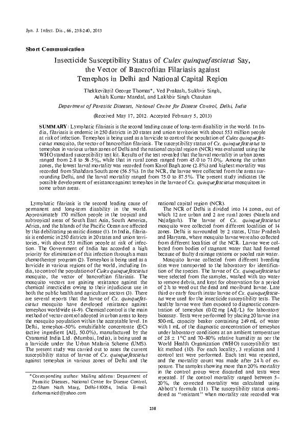 (PDF) Insecticide Susceptibility Status of Culex quinquefasciatus Say ...