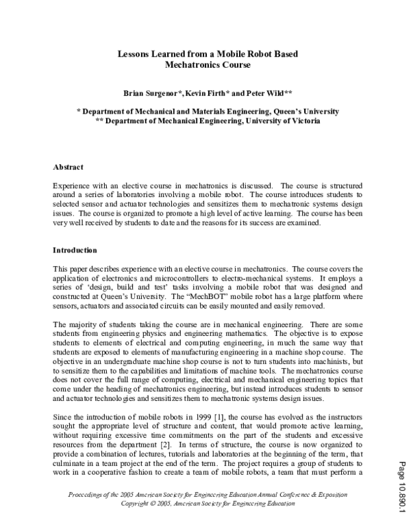 (PDF) Lessons Learned From A Mobile Robot Based Mechatronics Course