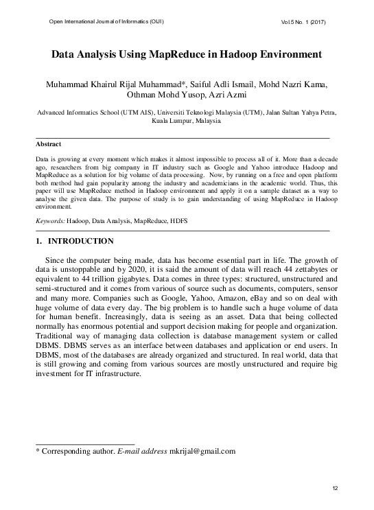 (PDF) Data analysis using MapReduce in Hadoop environment