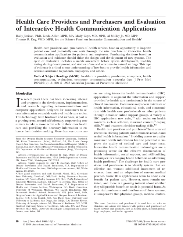 (PDF) Health care providers and purchasers and evaluation of ...