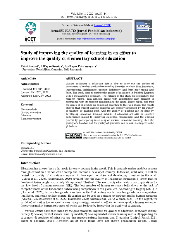 (PDF) Study of improving the quality of learning in an effort to ...