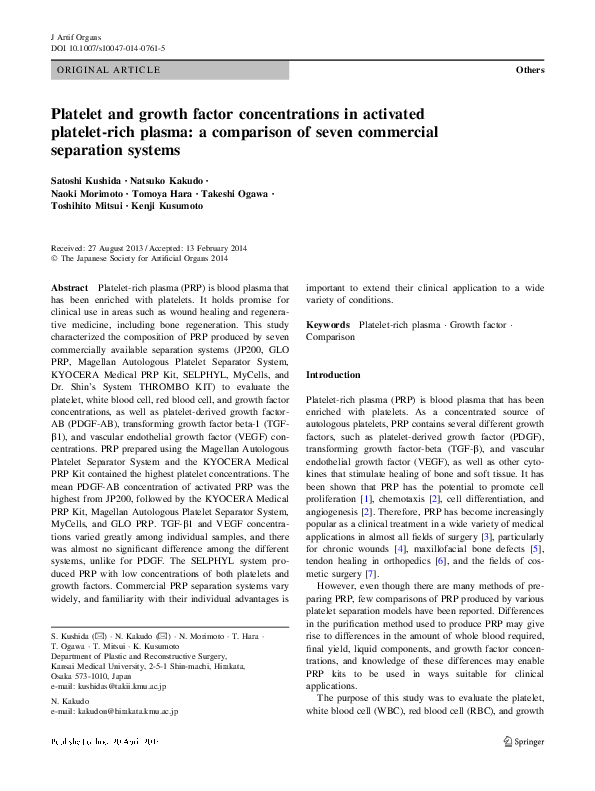 (PDF) Platelet and growth factor concentrations in activated platelet ...