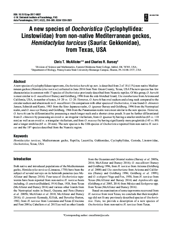 (PDF) A new species of Oochoristica (Cyclophyllidea: Linstowiidae) from ...