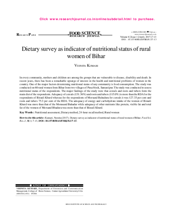(PDF) Dietary survey as indicator of nutritional status of rural women ...