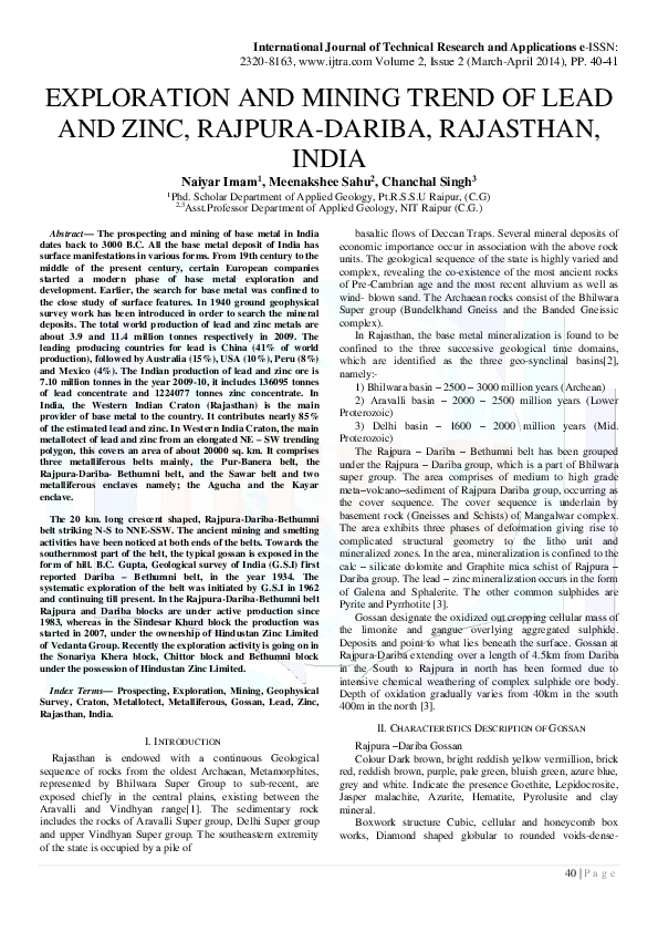 (PDF) Exploration and Mining Trend of Lead and Zinc, Rajpura-Dariba ...