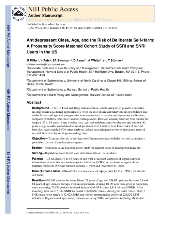 (PDF) Antidepressant Class, Age, and the Risk of Deliberate Self-Harm ...