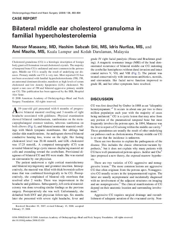 (PDF) Bilateral middle ear cholesterol granuloma in familial ...