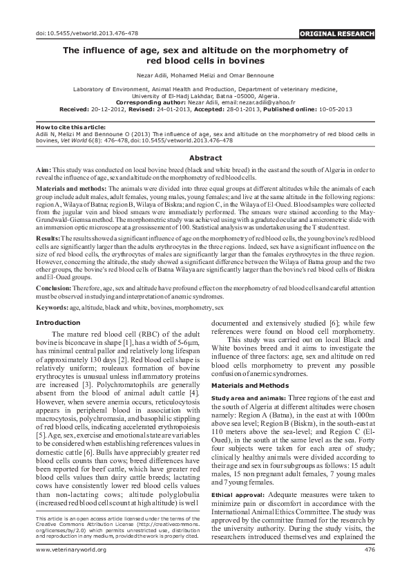 (PDF) The influence of age, sex and altitude on the morphometry of red ...