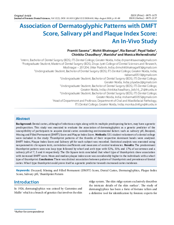 (PDF) Association of Dermatoglyphic Patterns with DMFT Score, Salivary ...