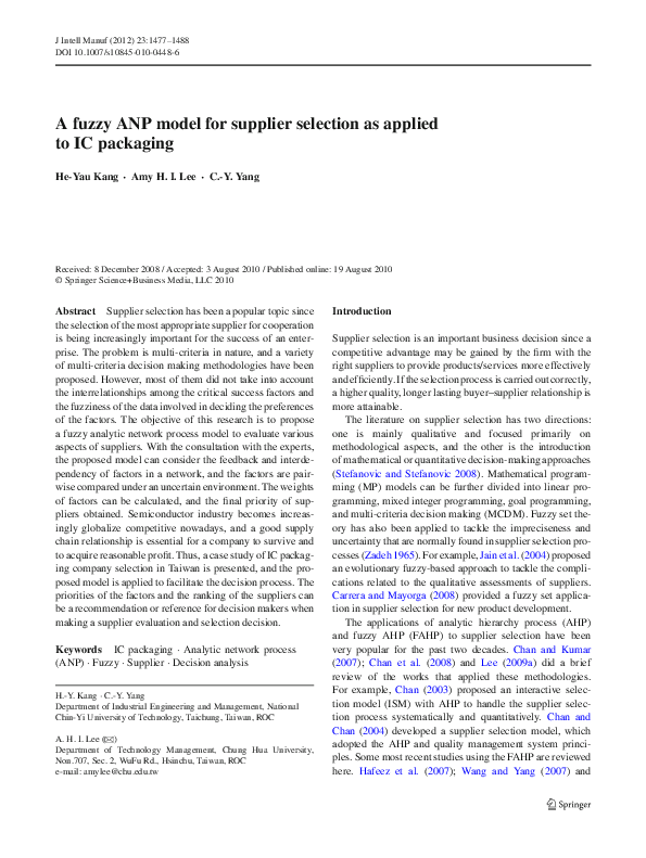 (PDF) A fuzzy ANP model for supplier selection as applied to IC packaging