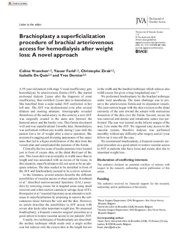 (PDF) Brachioplasty a superficialization procedure of brachial arteriovenous access for