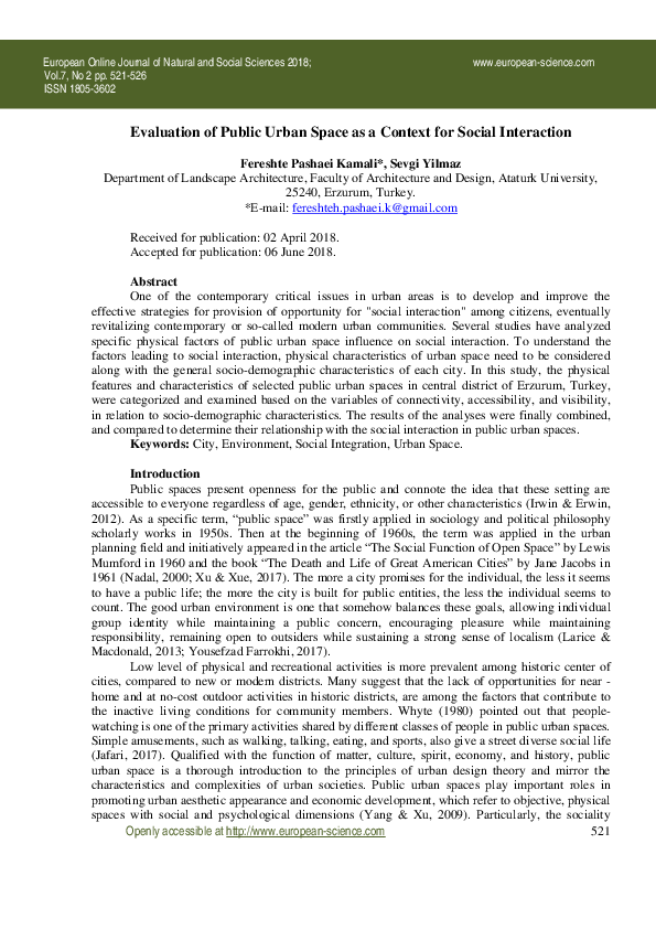 (PDF) Evaluation of Public Urban Space as a Context for Social Interaction