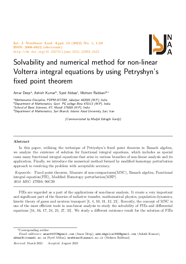 (PDF) Solvability and numerical method for non-linear Volterra integral ...