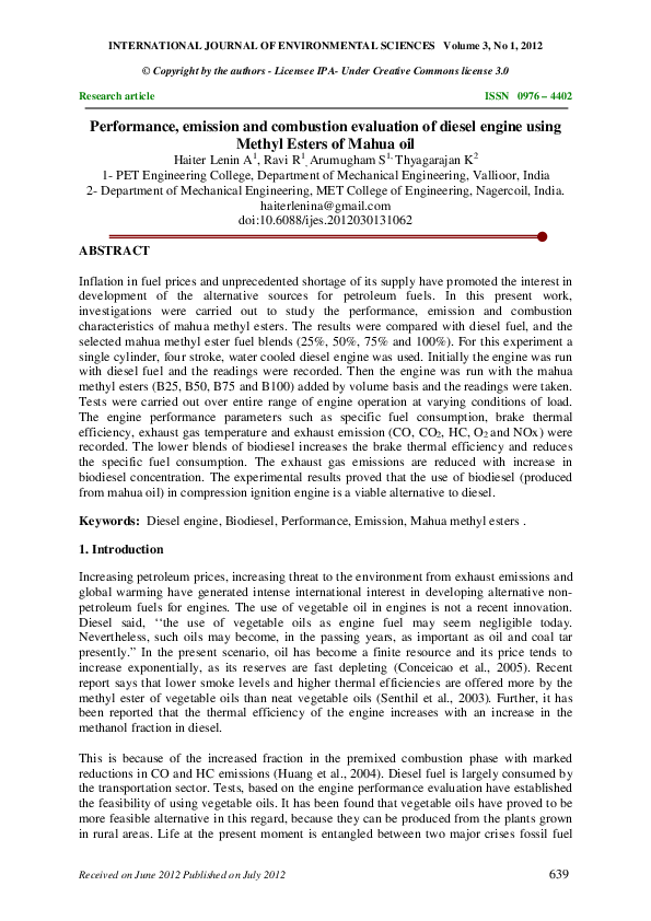(PDF) Performance, Emission and Combustion, Analysis of Diesel Engine ...